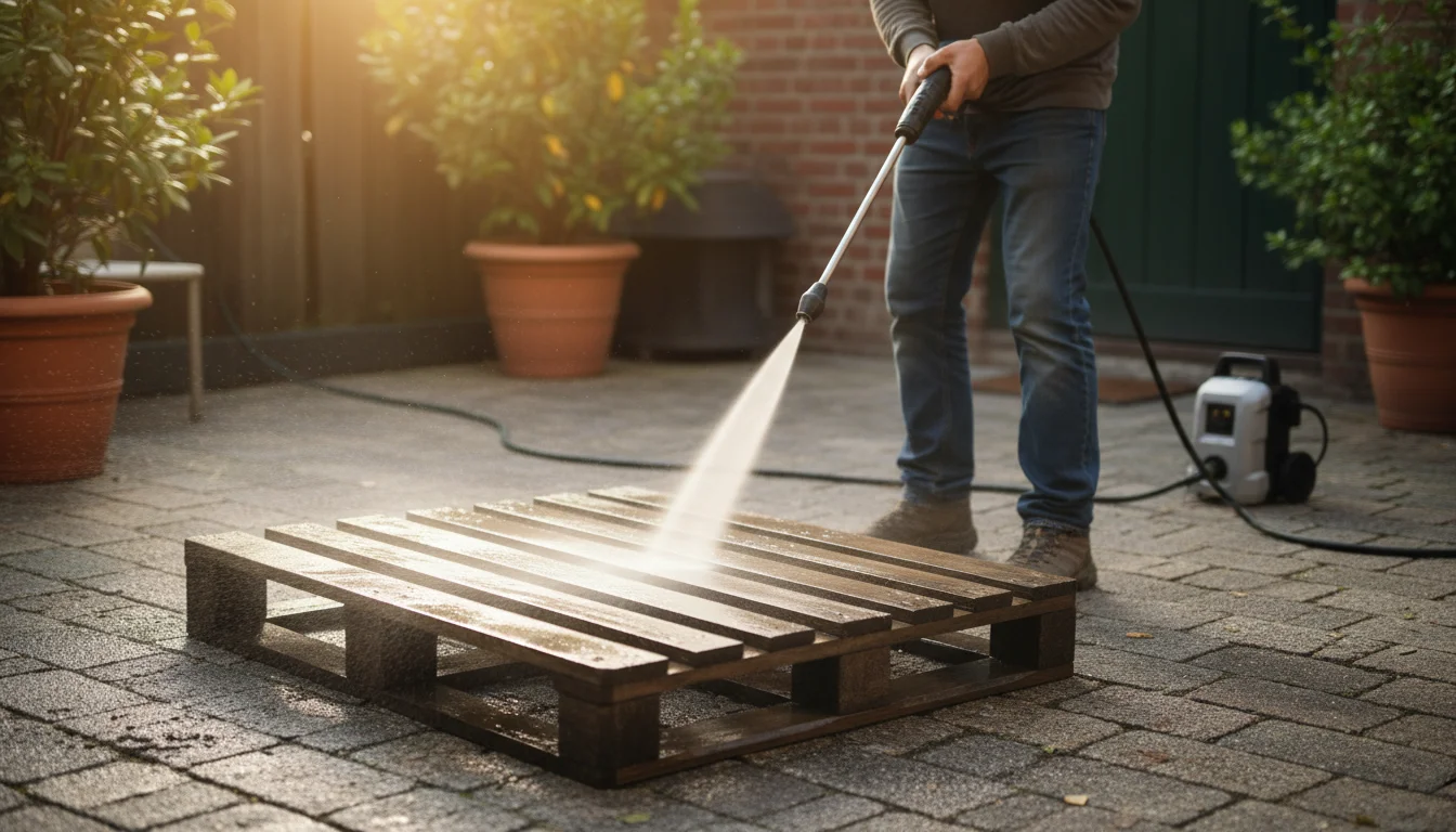 Person actively power-washing a dirty wooden pallet on a concrete patio, water streams visibly removing grime.