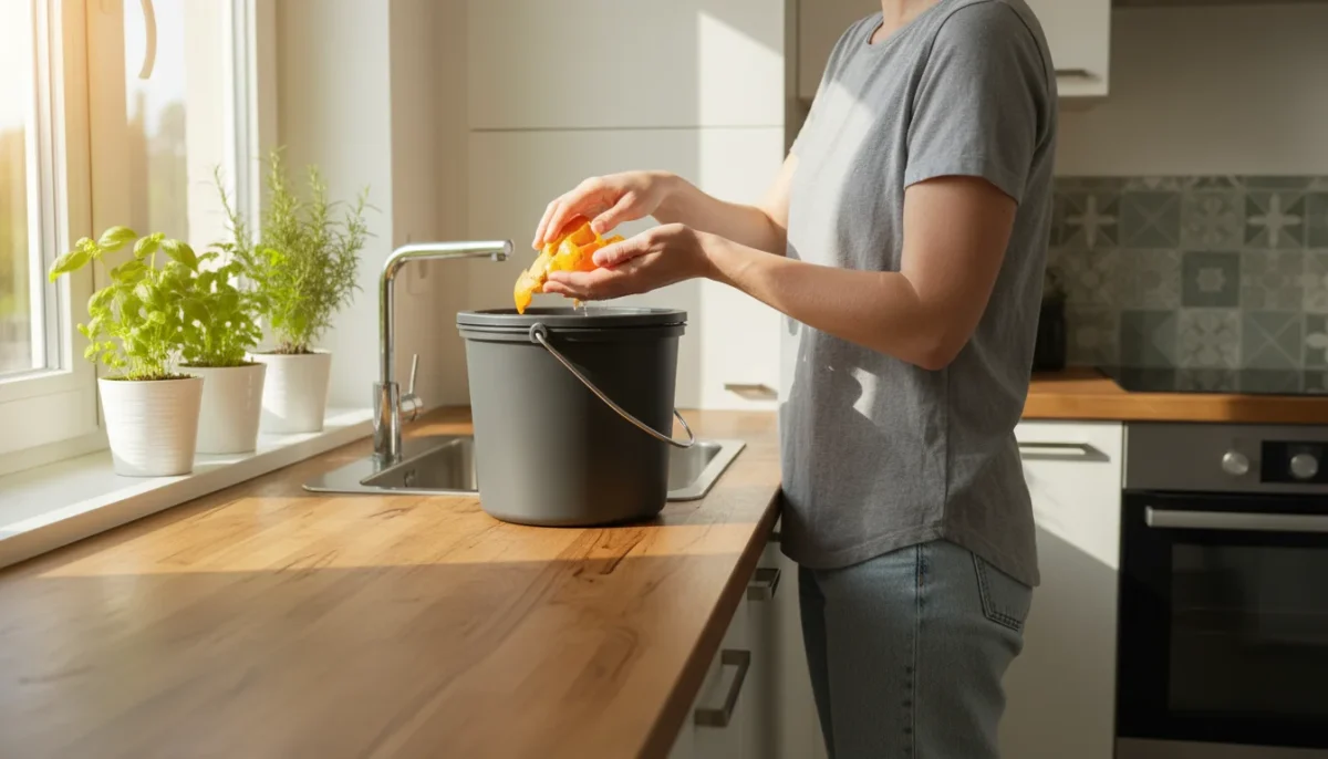 Person adding fruit peels to a Bokashi bucket on a kitchen counter, with potted herbs thriving in morning sunlight.