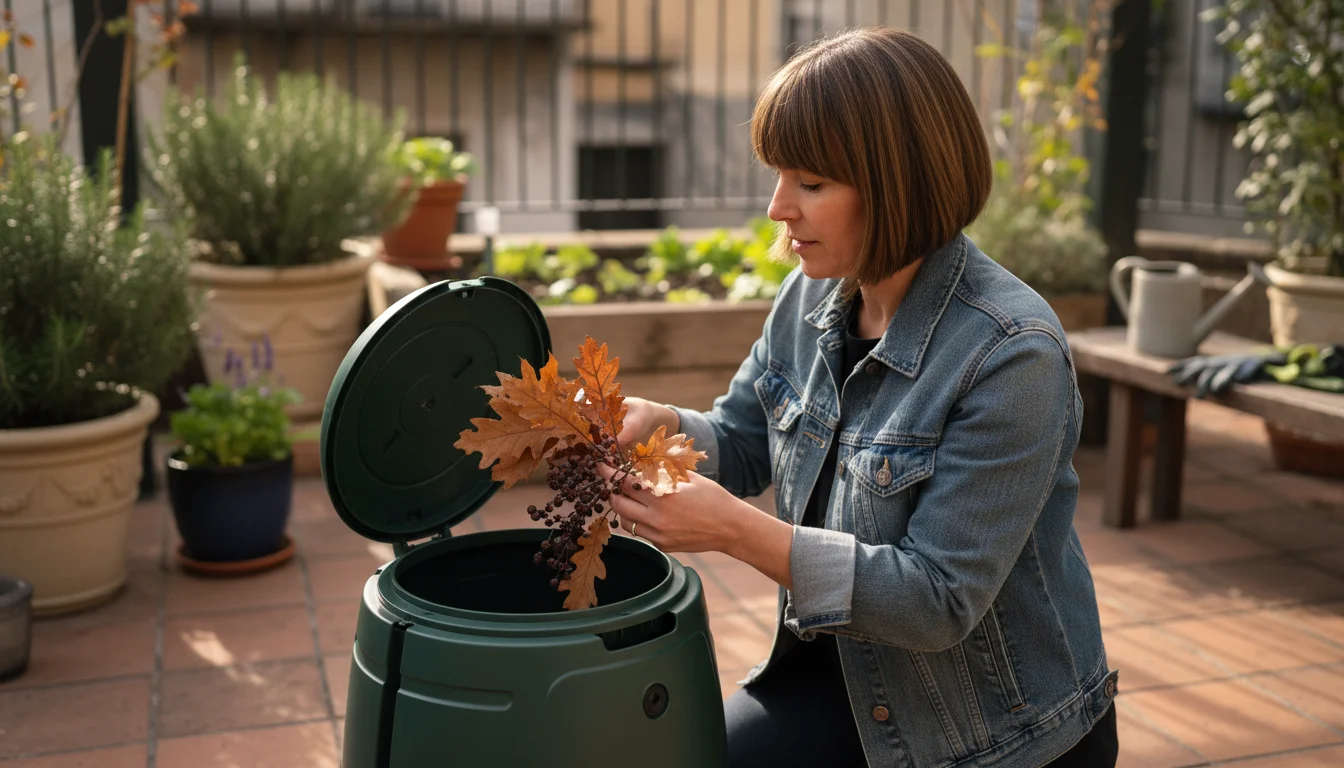 Person adds dried leaves and sprigs from a spent holiday container into a compact patio compost tumbler. Mulched container plants are visible in the s