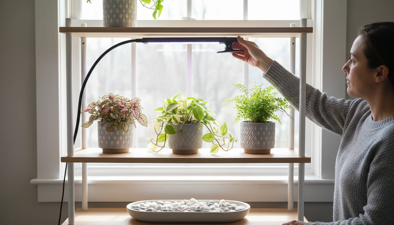 A person adjusts a clip-on grow light on a plant shelf with thriving houseplants near a window, a pebble tray visible.