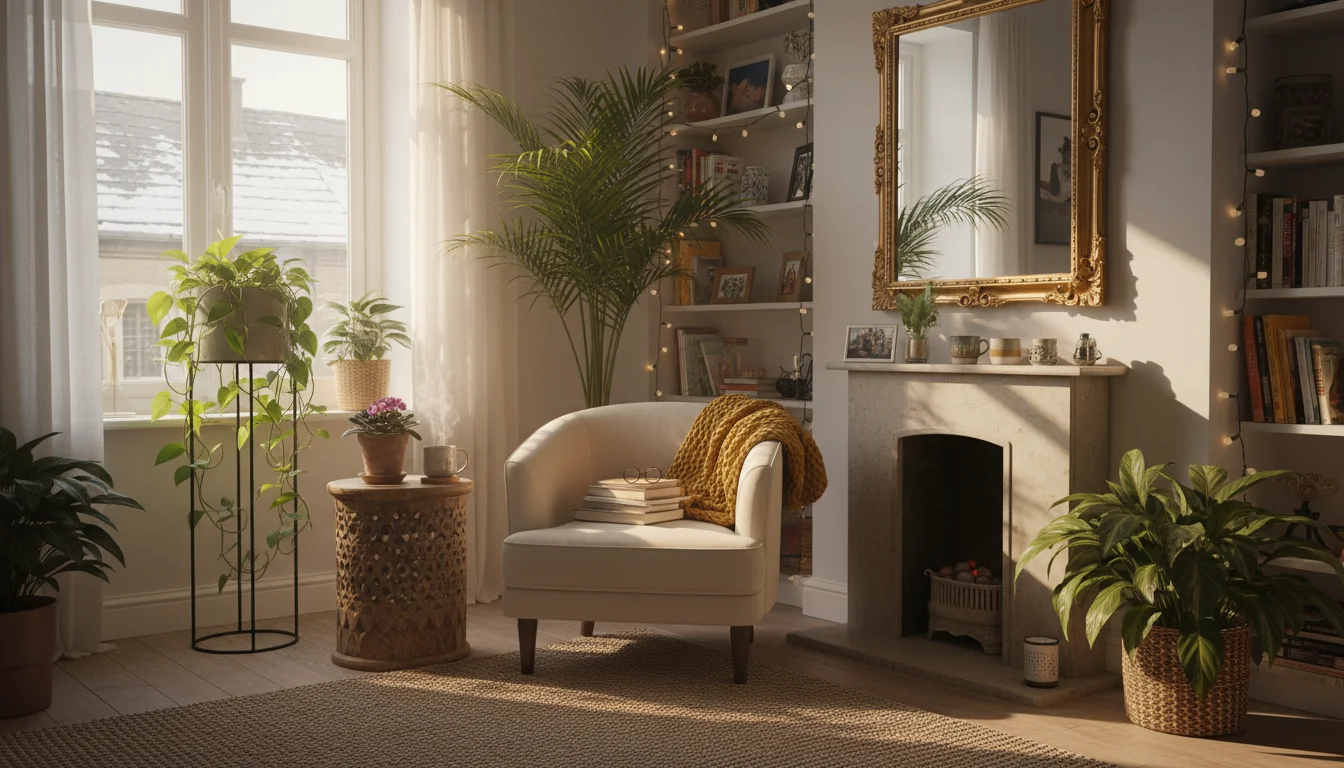 Person adjusts a potted plant in a sunny apartment corner, where a decorative mirror reflects extra winter light onto the plants.