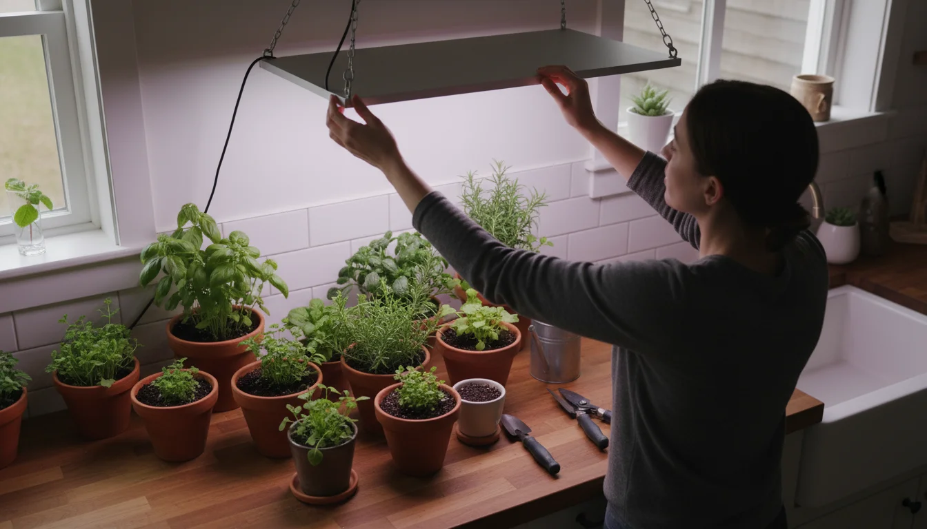 Person adjusts small LED grow light above slightly leggy potted herbs on an indoor shelf, troubleshooting plant growth.