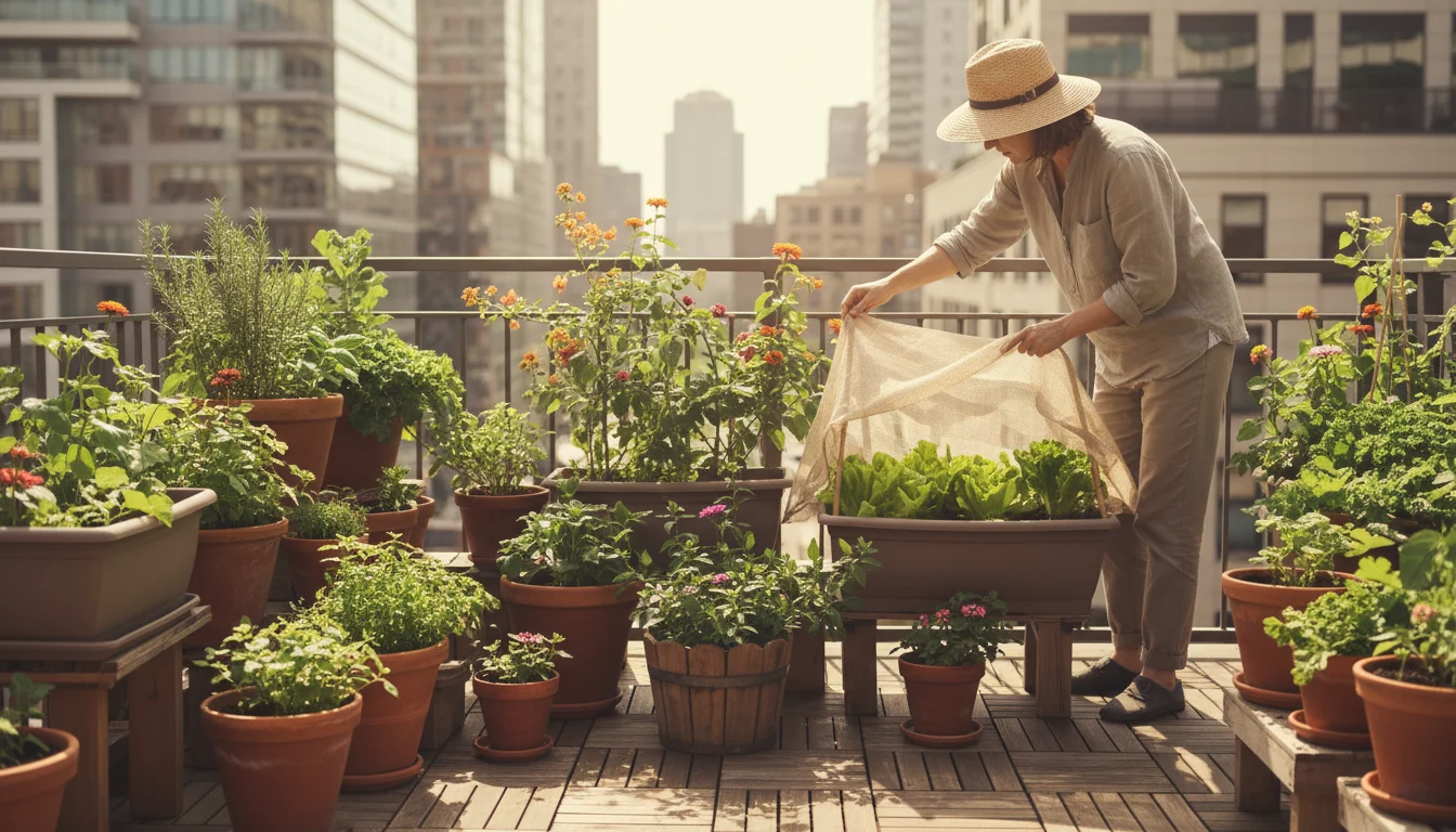 A person adjusts a small mesh shade screen over a pot of tender greens on a sun-drenched urban balcony container garden.