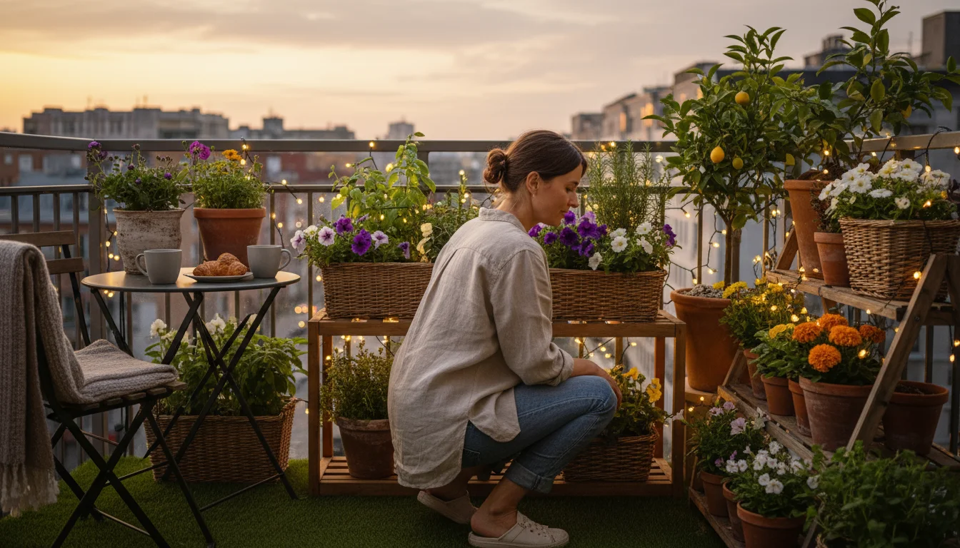 A person admires newly installed warm LED string lights draped among container plants on a small patio at dusk, creating a cozy glow.