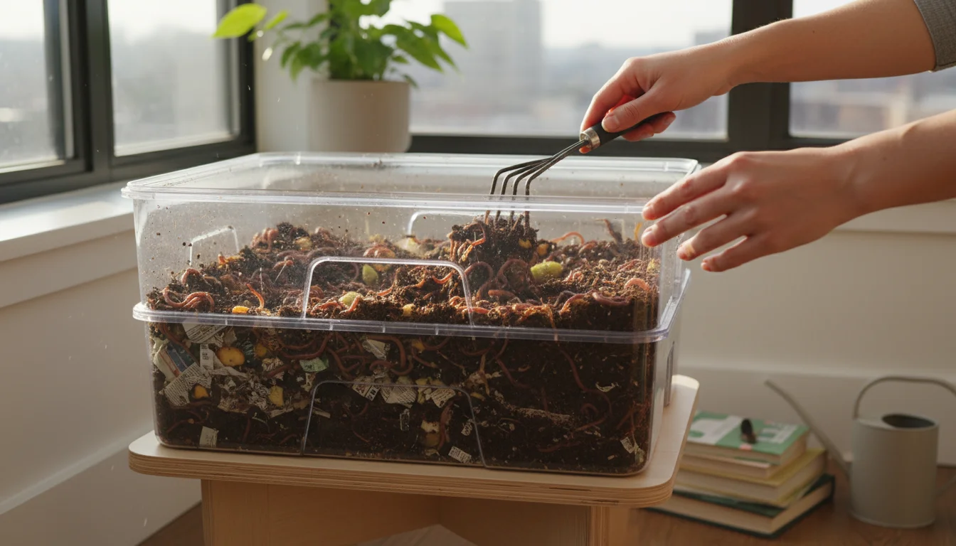 Person aerates a compact worm bin with a hand rake, revealing thriving red worms in a bright apartment setting.