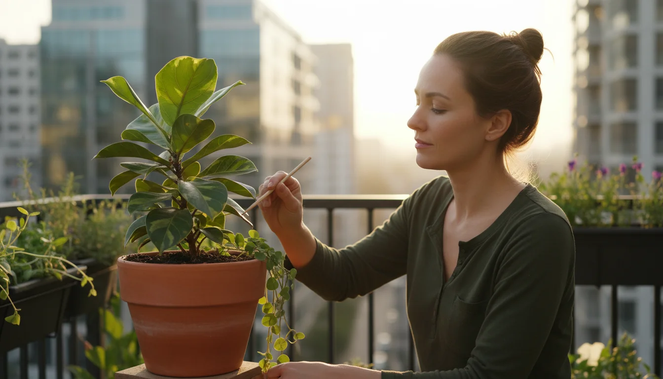 Person gently aerating soil of a potted plant with a wooden chopstick on an urban balcony at sunset.