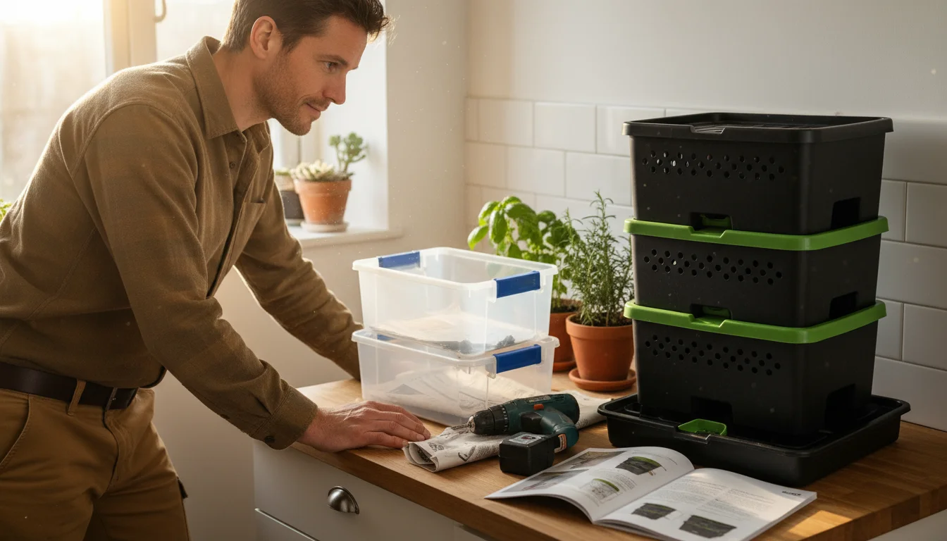 A person in an apartment kitchen comparing a simple DIY worm composting bin made from plastic containers with a compact commercial worm bin.
