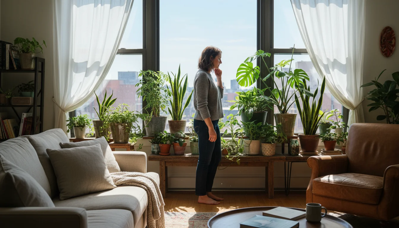 Person in apartment thoughtfully observing a diverse collection of potted plants on a shelf near a window, some showing winter stress.