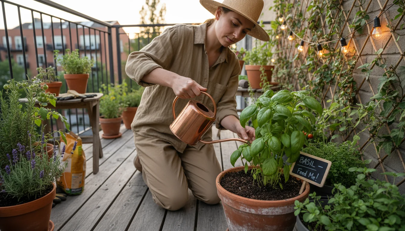 A person gently applies liquid fertilizer to a basil plant in a terracotta pot on an urban patio, its soil visibly moist.