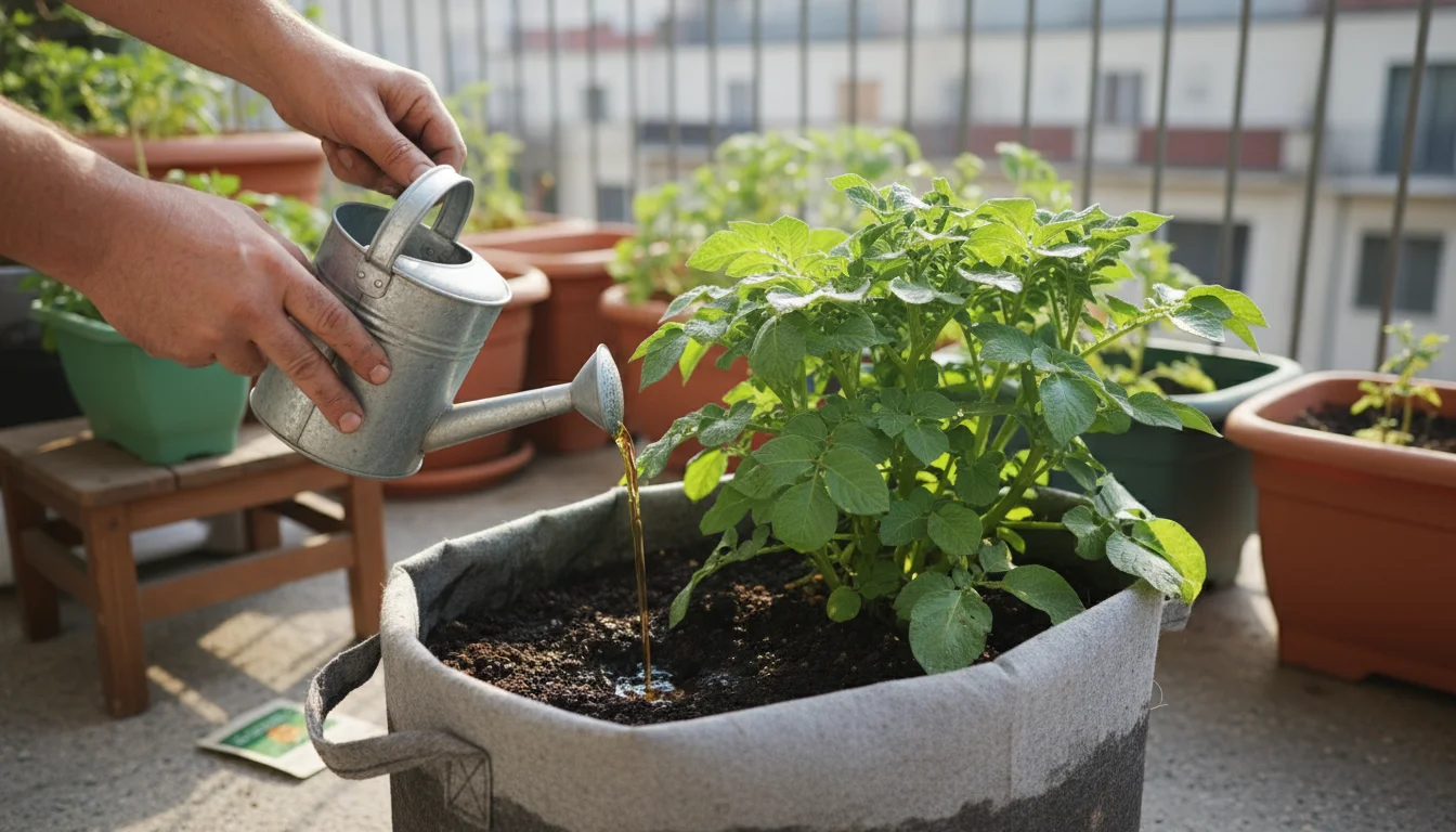 Person carefully applies liquid organic fertilizer from a watering can to a healthy potato plant in a weathered fabric grow bag on a sunlit small balc