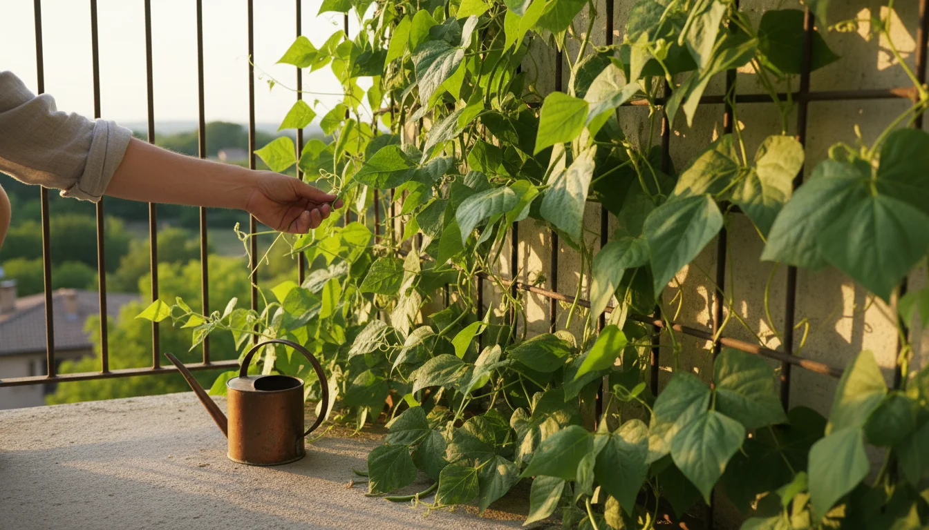 Person's arm gently guides a vining bean tendril onto a dark metal trellis on a small balcony, with a copper watering can nearby.