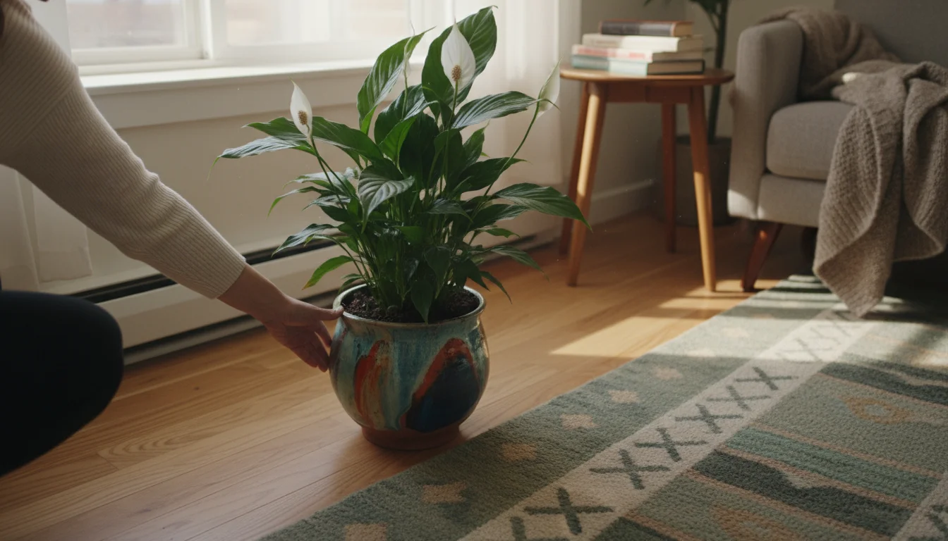 Person's arm moving a healthy houseplant in a colorful pot away from a white heating vent in a cozy room.