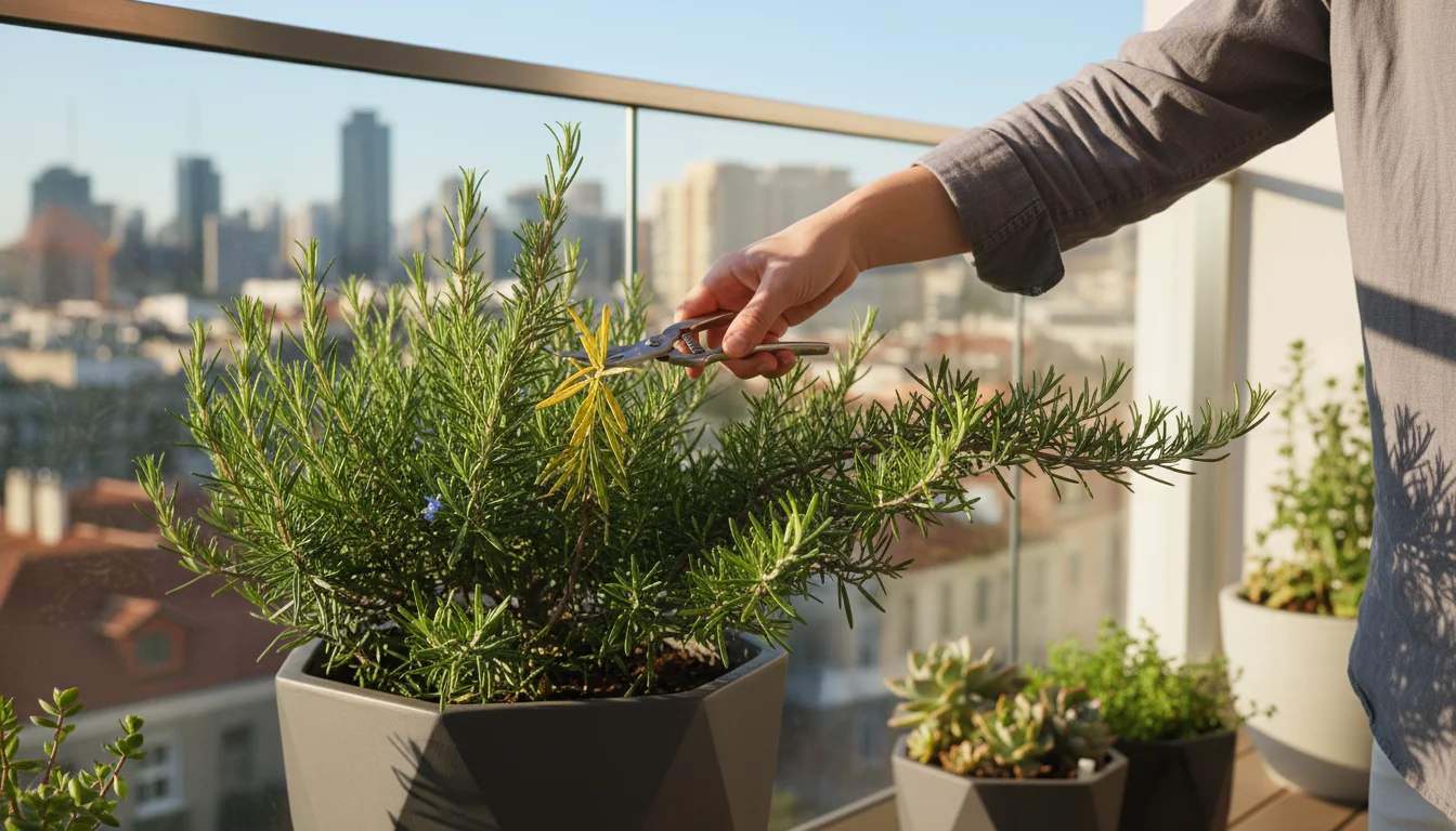 A person's arm with small pruners gently reaching into a compact potted rosemary plant on an urban balcony to snip a yellow leaf.