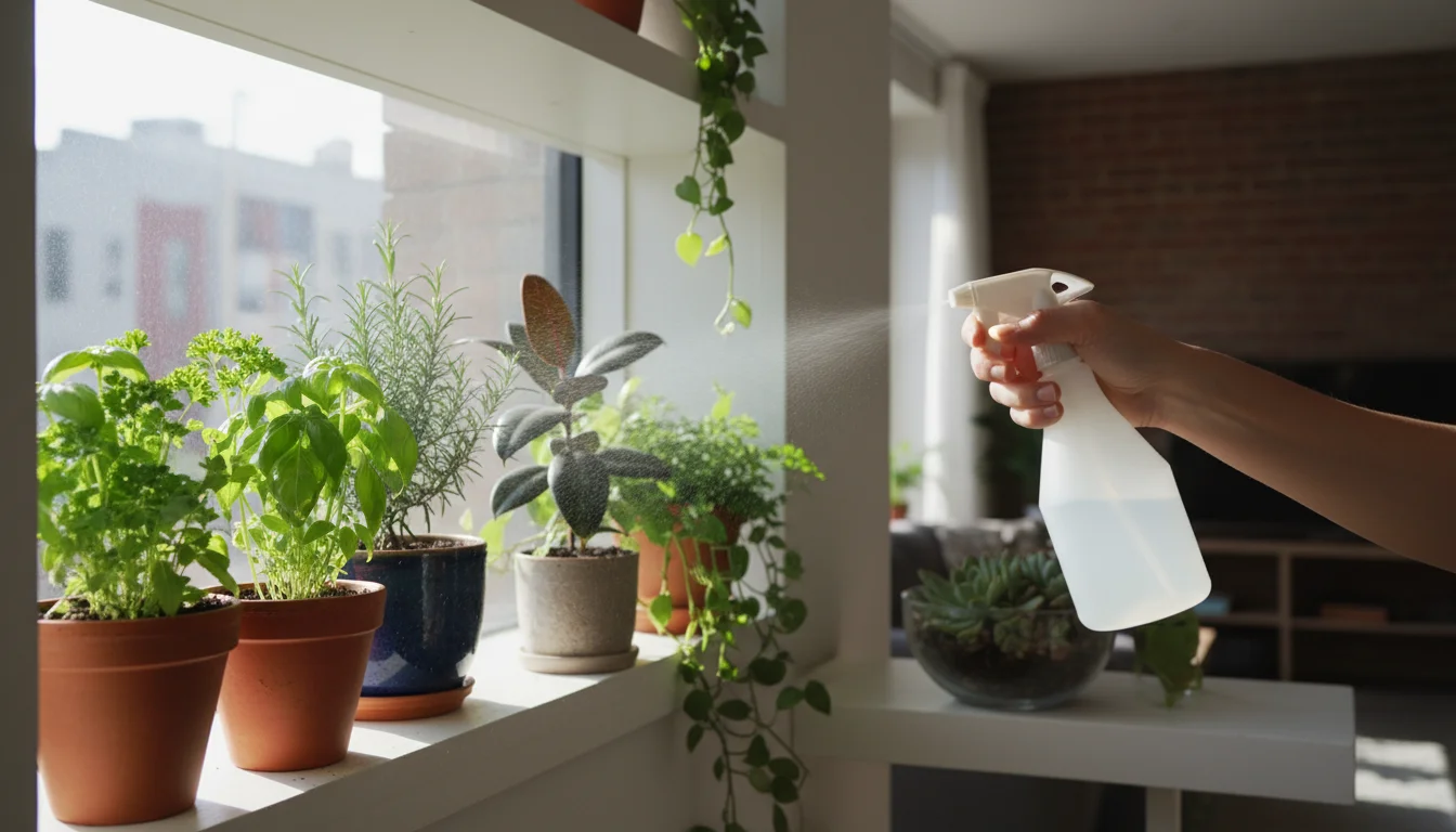 A person's arm sprays a fine mist onto the leaves of a potted basil plant on a sunny indoor shelf with other plants.