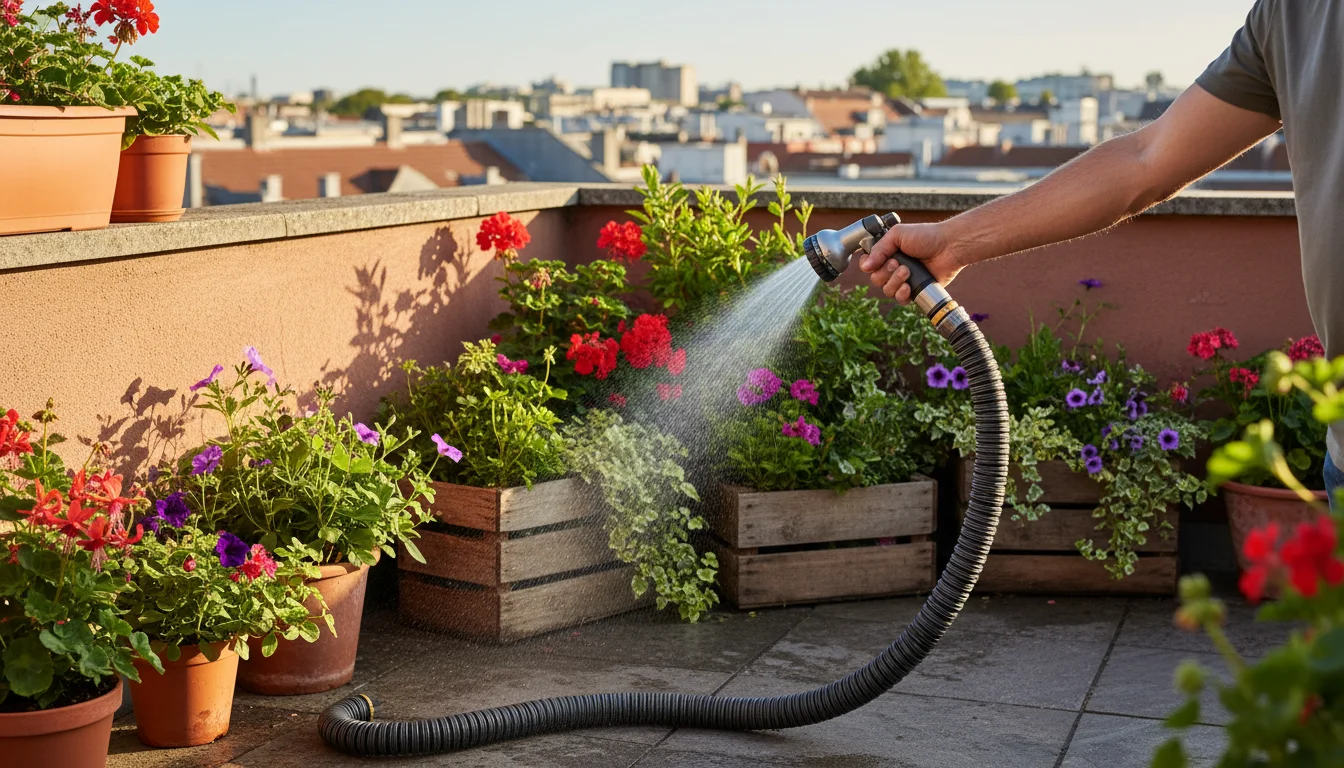 Person's arm watering a vibrant container garden on a patio with a compact, expandable hose and multi-pattern nozzle.