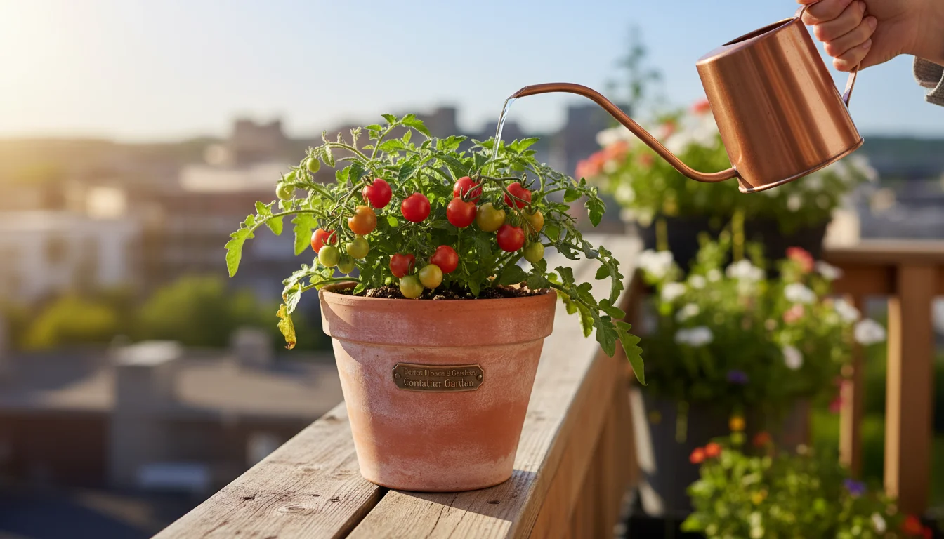 A person's arm gently waters a thriving 'Micro-Tom' tomato plant in a terracotta pot on a sunny balcony railing, laden with small tomatoes.