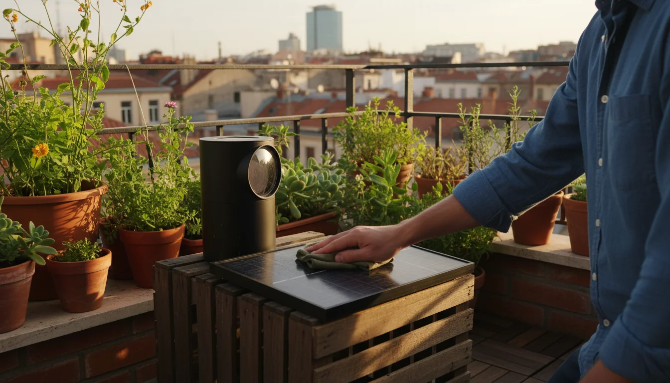 A person's arm wipes a dusty solar lantern on a small balcony amidst lush potted plants in a vertical garden, bathed in morning light.