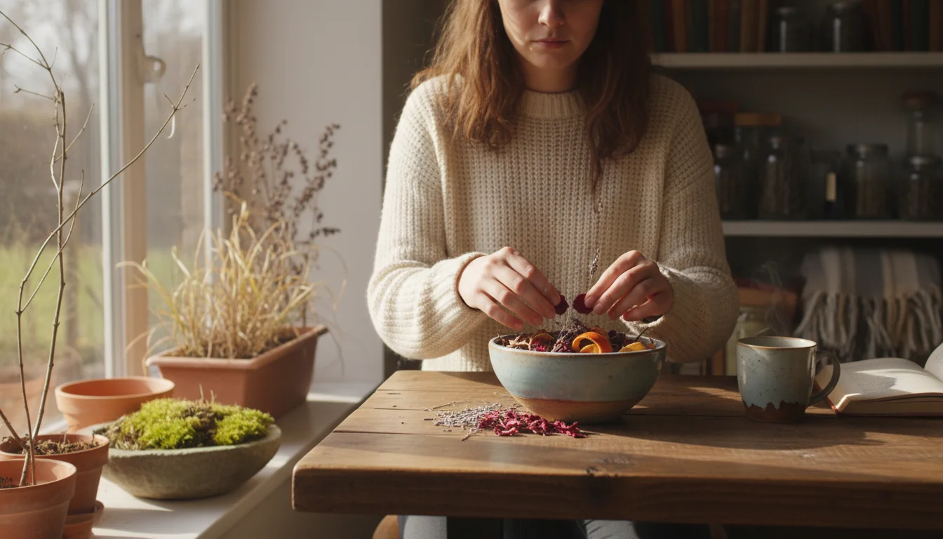 Person arranging dried lavender, rose petals, and orange peels into a potpourri bowl indoors, a dormant container garden visible outside.