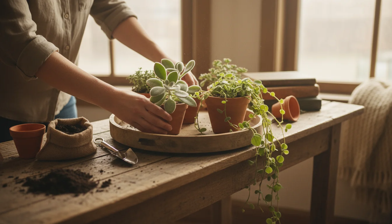 Person arranging fuzzy Kalanchoe and trailing Plectranthus in small pots on a wooden table with potting supplies, illuminated by soft light.