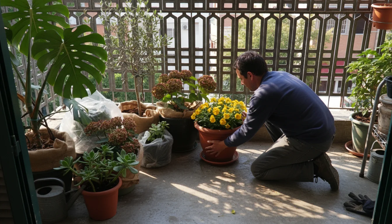 Person arranging potted petunias into a dappled, shaded corner of a small patio among other plants.
