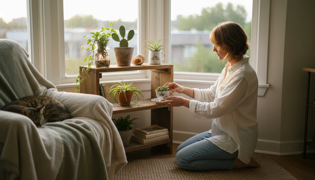 A person arranging small houseplants in repurposed containers like a teacup and glass jar on a rustic wooden shelf in a bright apartment.