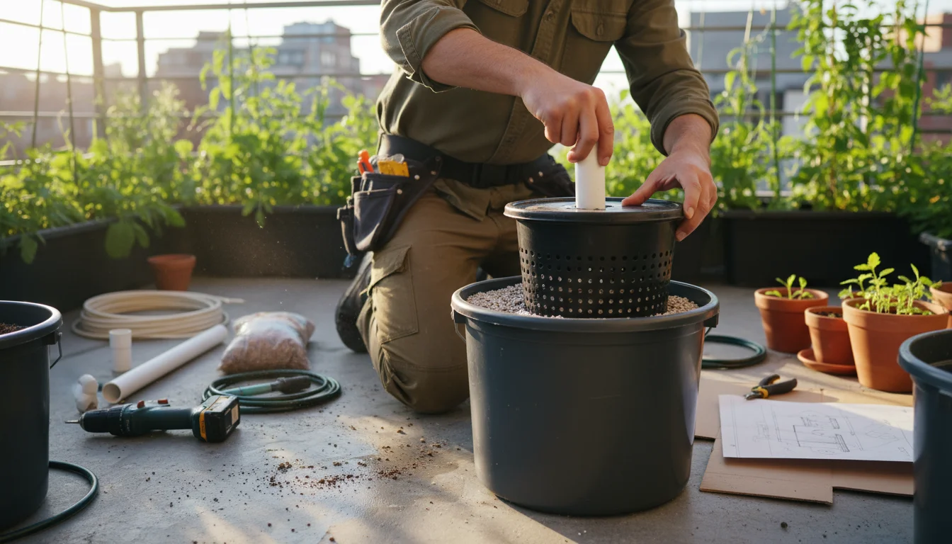 Person assembles a DIY self-watering system using a blue 5-gallon bucket on an urban balcony, with a thriving tomato plant in another.
