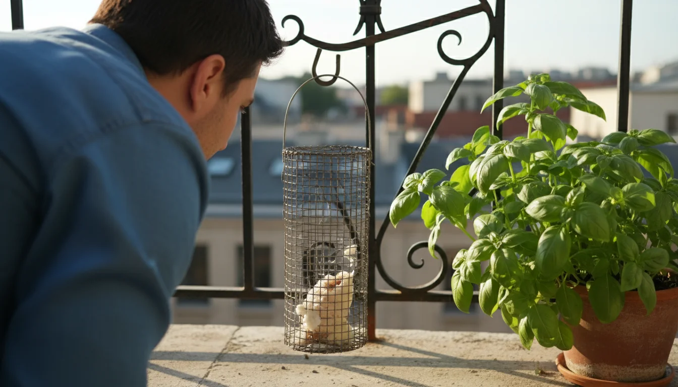 Person's back partly visible on a balcony, observing a hanging suet feeder with a small, hardened suet drip near a potted basil plant.