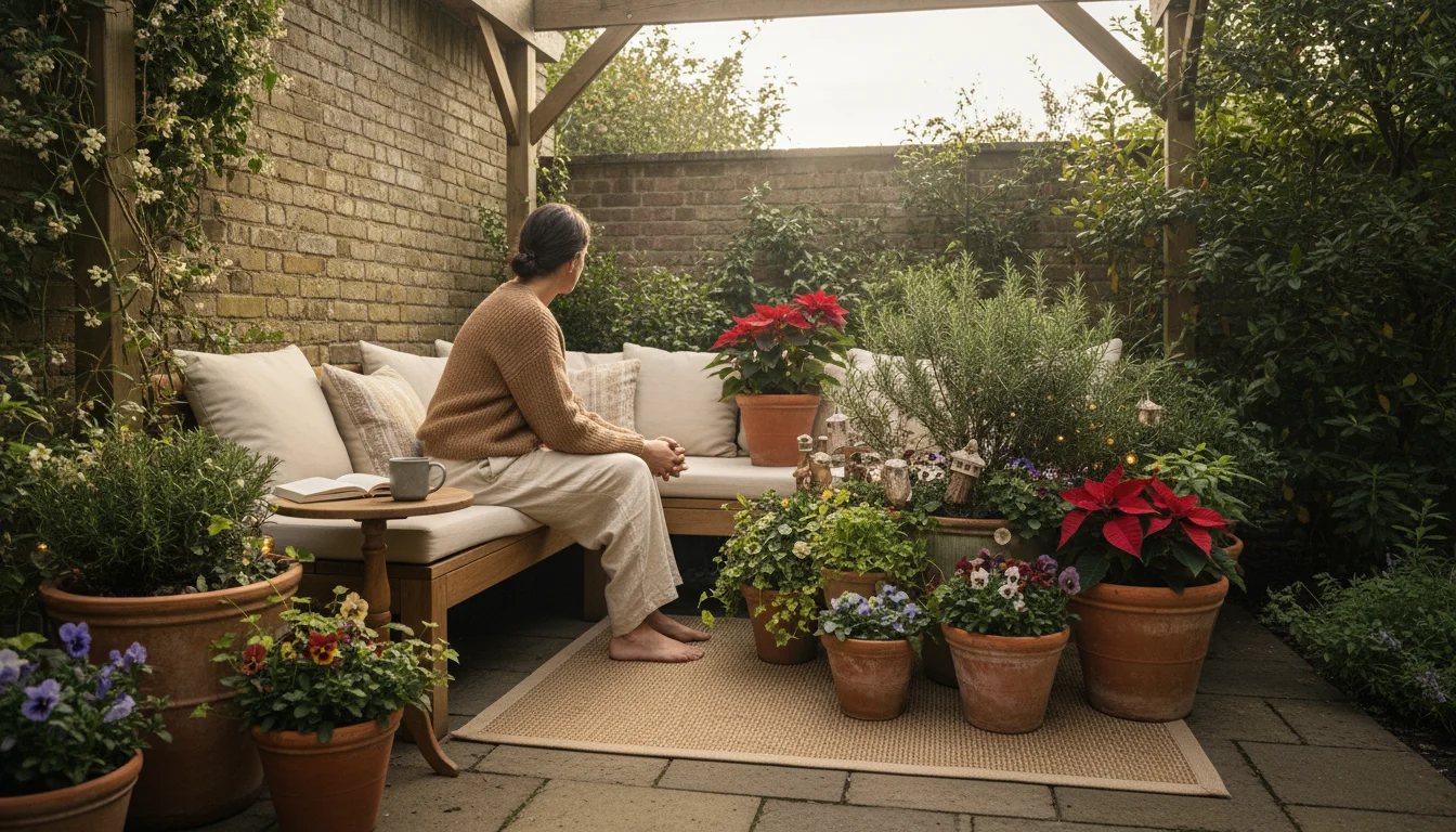 Person's back, sitting on a bench on a small patio, looking at holiday container plants. A mug is nearby.