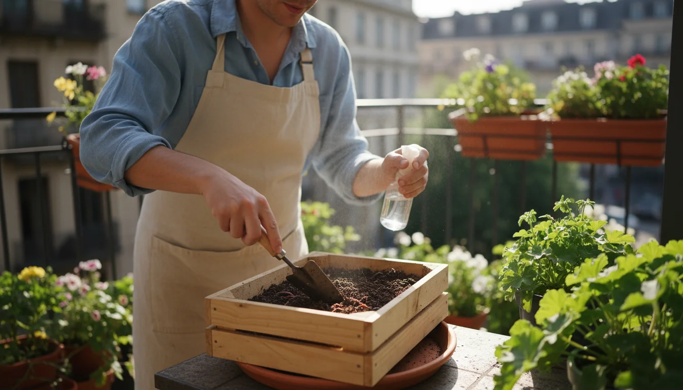 Person on a balcony gently aerating bedding in a compact worm bin with a trowel, surrounded by container plants in dappled sunlight.