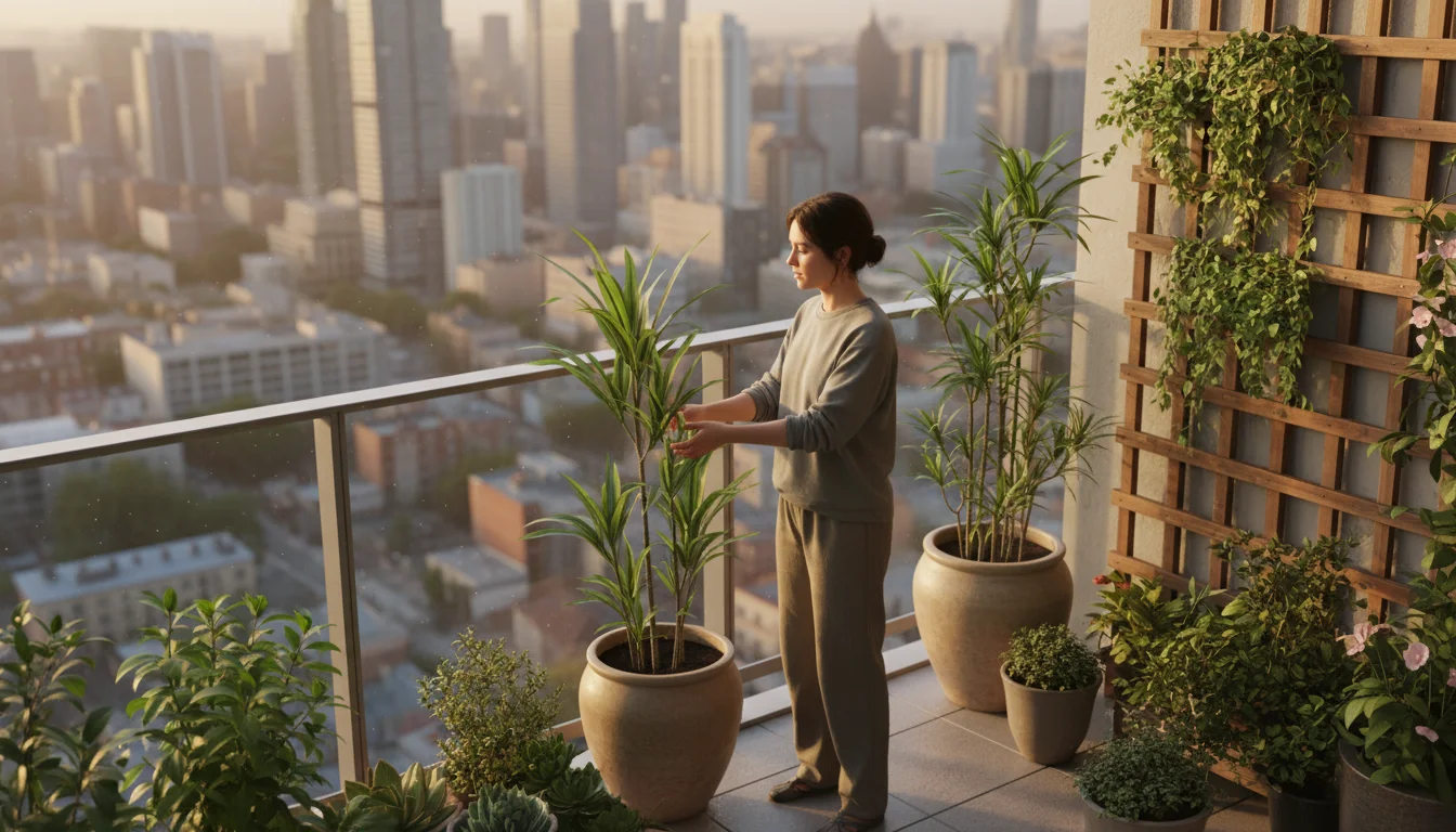 Person on a balcony assessing potted plants and vertical garden stability near railing against a city skyline.