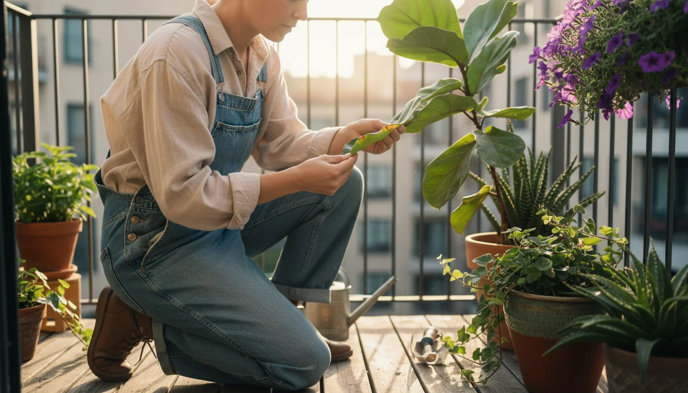A person on a balcony closely inspects a potted houseplant with yellowing leaves and brown tips for signs of distress.
