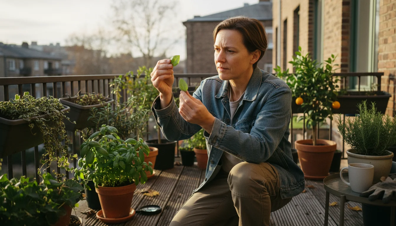 Person on a balcony closely examining the underside of a potted plant leaf in warm autumn sunlight.
