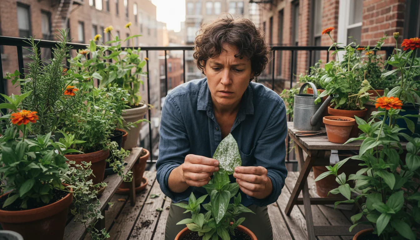 A person on a balcony closely examining a zinnia plant in a pot, its leaves showing clear white powdery mildew spots. A spray bottle is nearby.