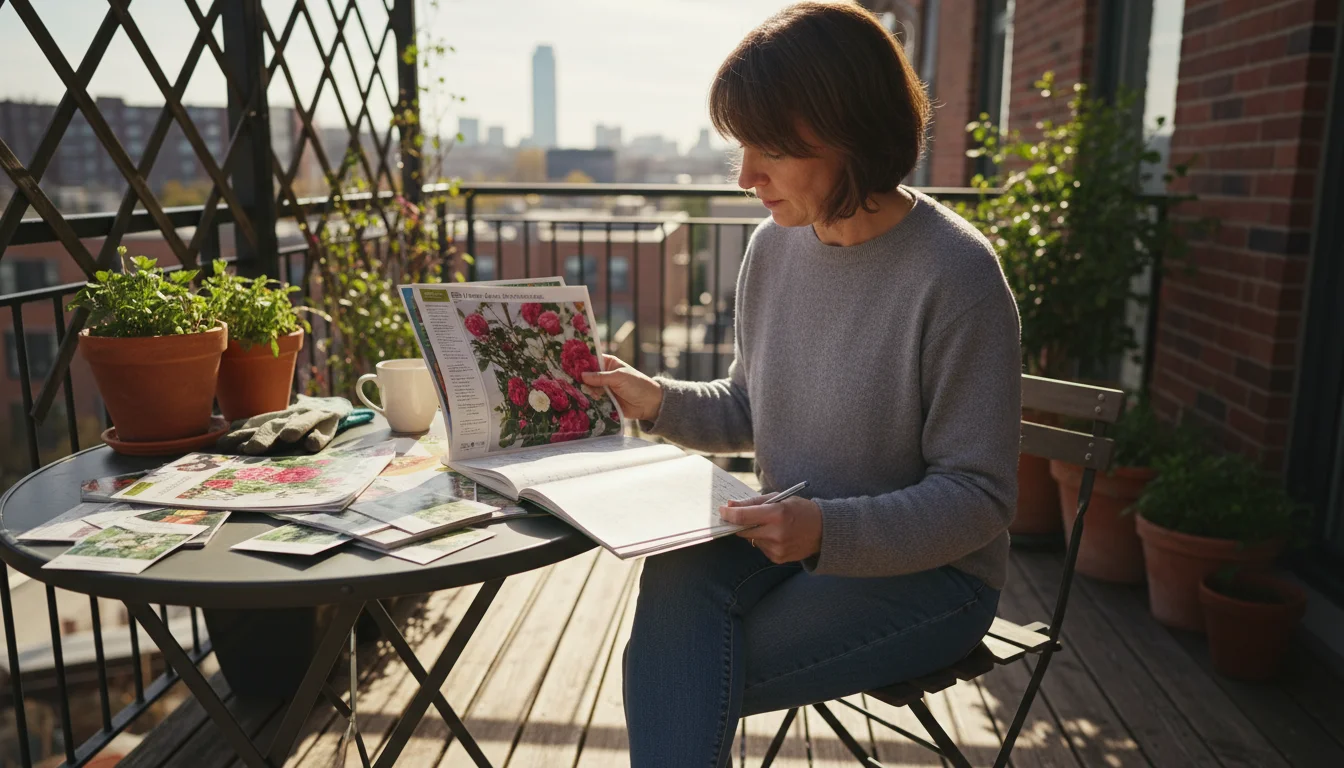 A person on a balcony compares open seed catalogs at a table with a notebook and pen, with empty pots in the background.
