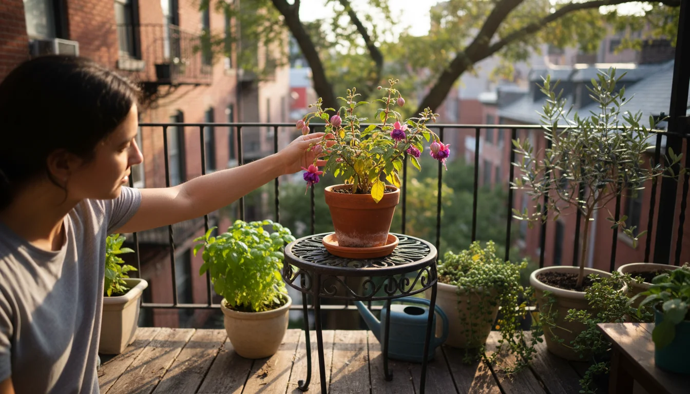 Person on a balcony examining a container plant with a few yellow leaves. Other healthy potted plants are visible in the background.