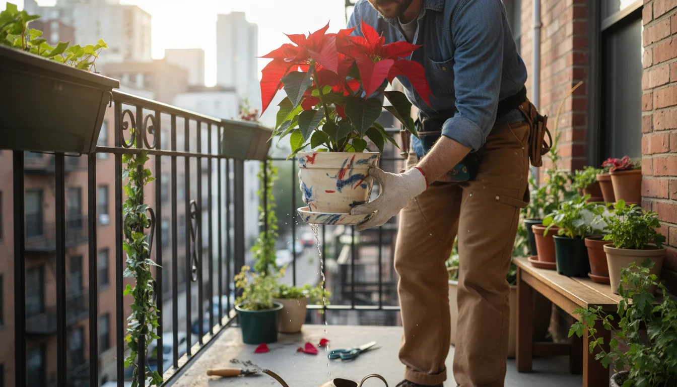 Person on a balcony carefully empties excess water from a red poinsettia's pot saucer into a watering can.