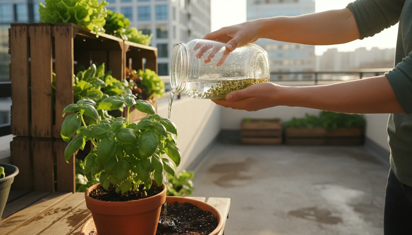Person on a balcony garden pouring sprout rinse water from a jar onto a potted basil plant.