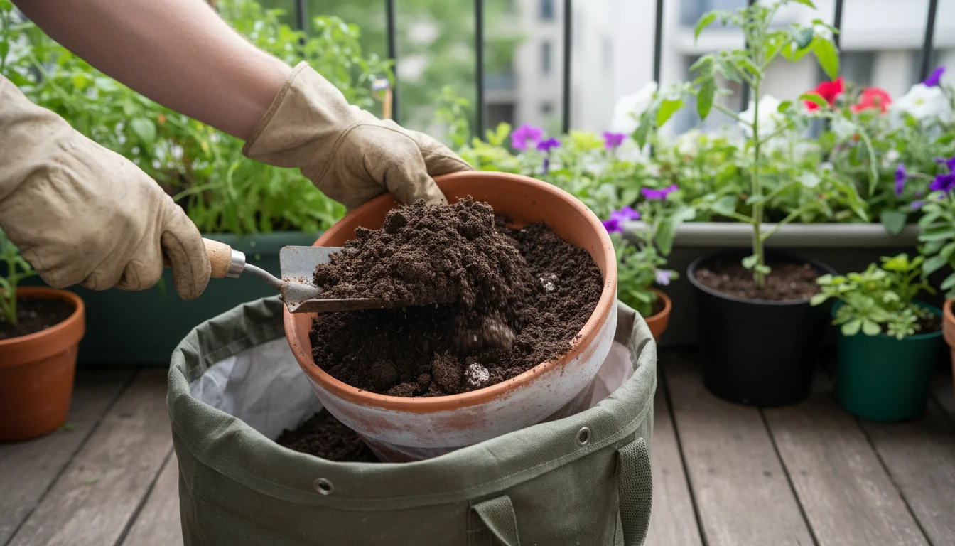 A person in a balcony garden carefully scoops dark, clumpy soil from a terracotta pot into a green waste bag.