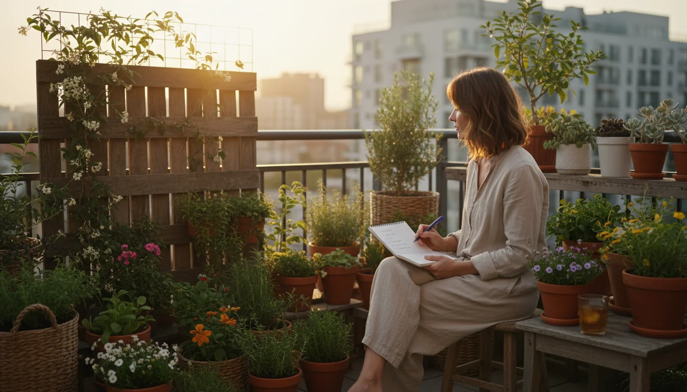 A person on a balcony garden stool holds a notebook, thoughtfully observing container plants and a vertical garden in warm light.