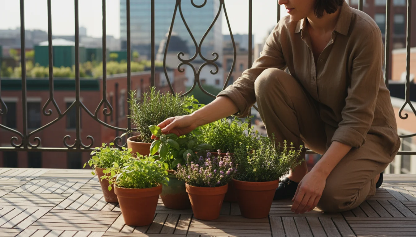 Person on a balcony garden thoughtfully selects herbs from terracotta pots, with snipped sprigs on a small wooden tray.