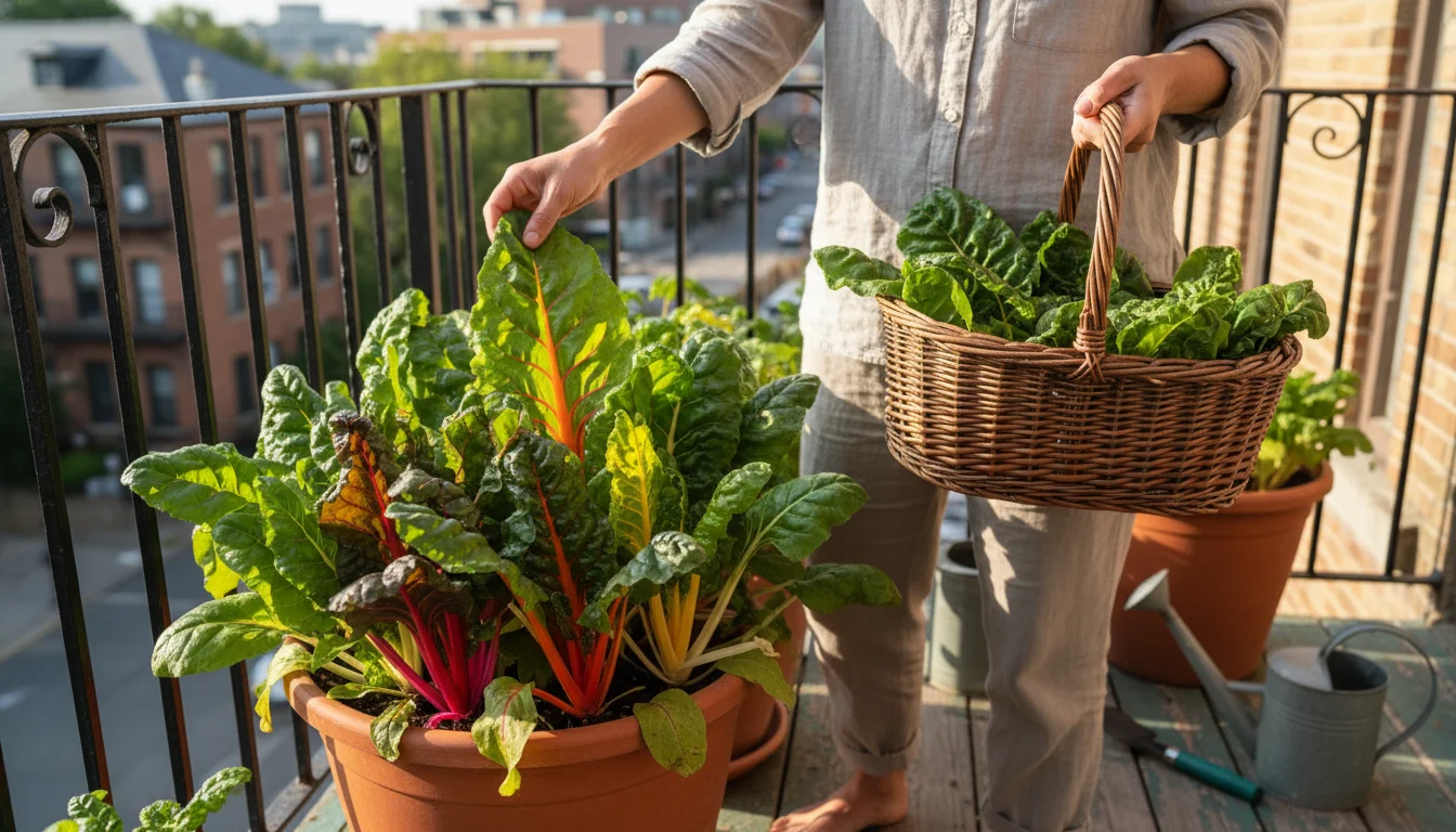 Person on balcony holding a basket of freshly harvested Swiss chard, reaching for another leaf from a container plant.