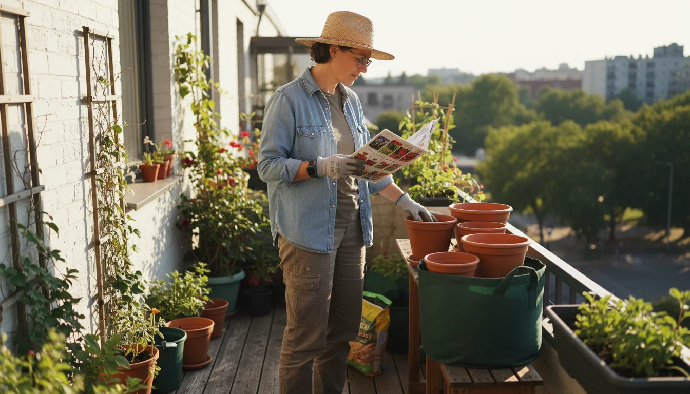 Person on balcony holding open seed catalog, looking thoughtfully at empty terracotta pots and a fabric grow bag arranged in a sunny spot.