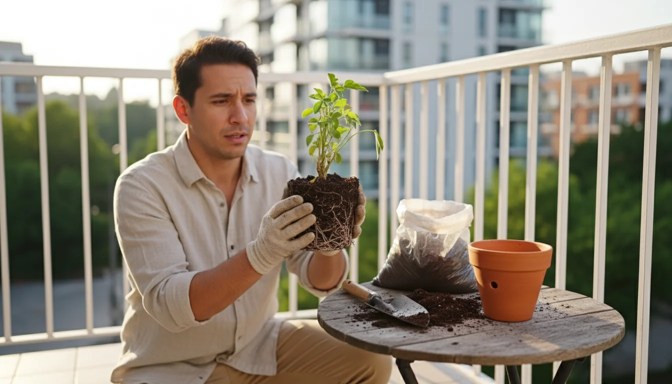 Person on balcony inspecting a small plant with exposed, slightly rotted roots, ready to repot with fresh soil on a patio table.