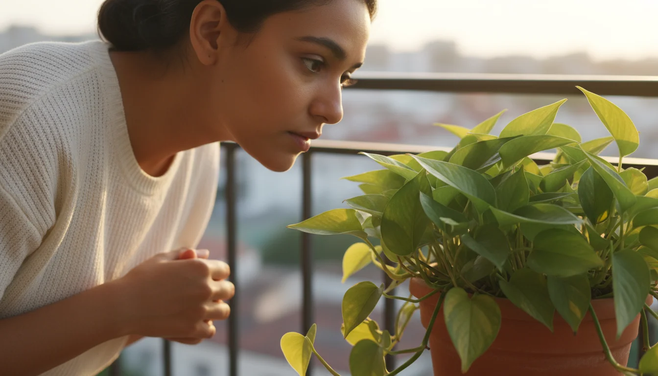 A person on a balcony intently observes a potted Pothos plant, noticing subtle yellowing on lower leaves and a brown tip on one leaf.