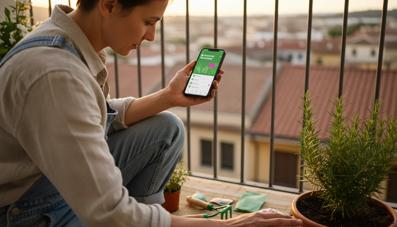 Person on balcony kneels, checking a gardening app on a smartphone while gently touching a potted rosemary plant, surrounded by thriving container gar
