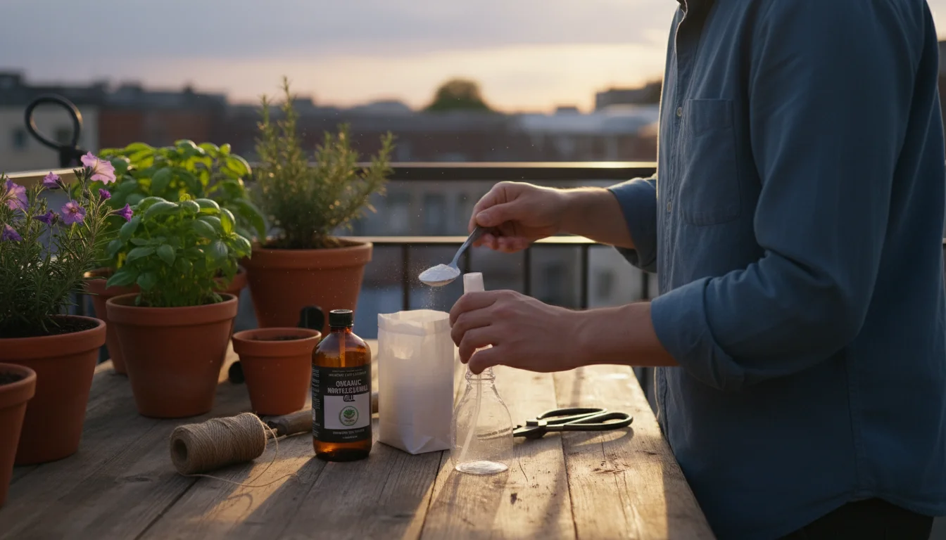 Person on a balcony carefully measures white powder into a spray bottle on a rustic table, preparing advanced plant treatment for container plants.