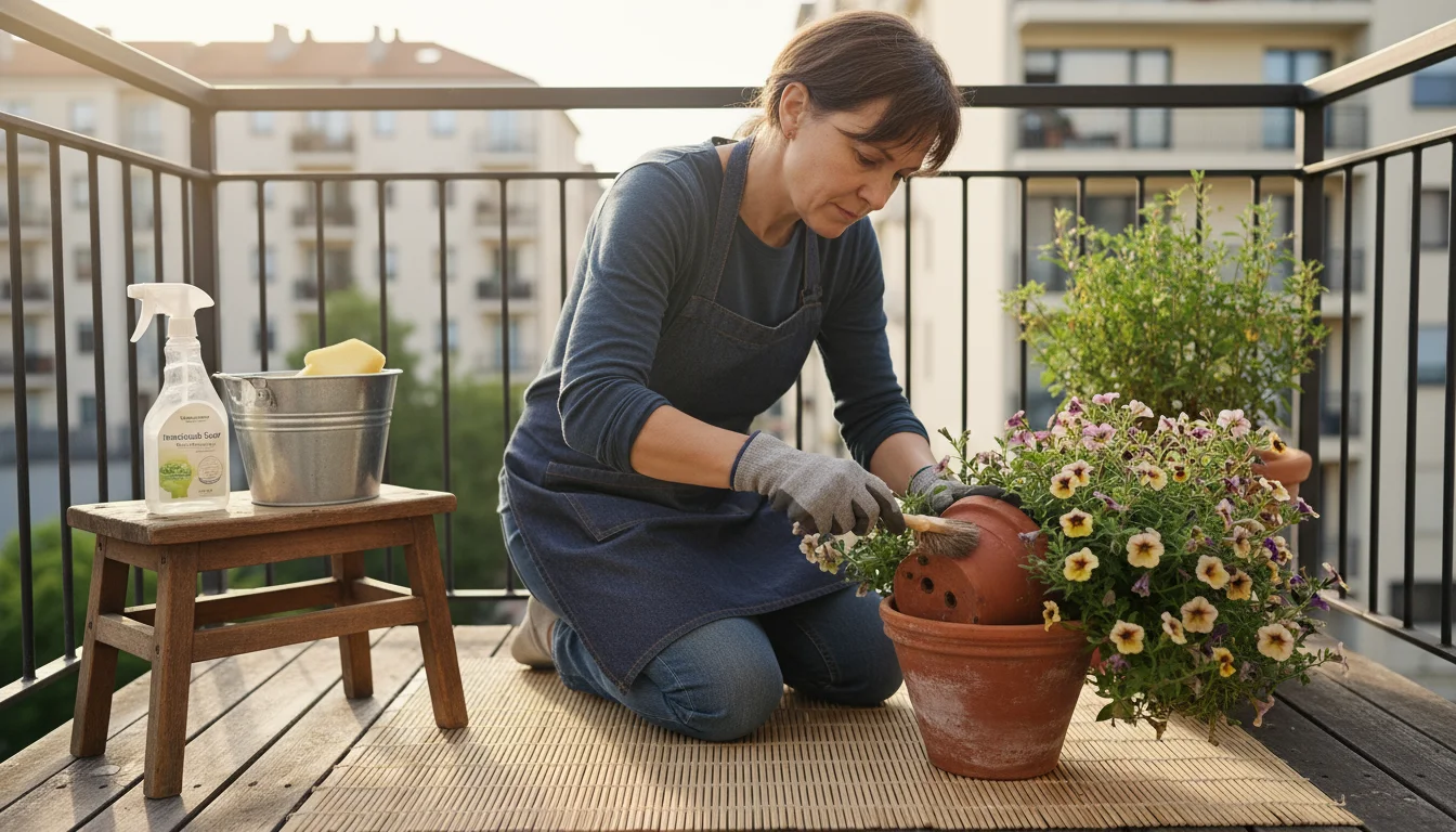 Person on a balcony meticulously inspects a terracotta pot's drainage holes with a brush for hidden pests. Treatment spray and cleaning supplies are n