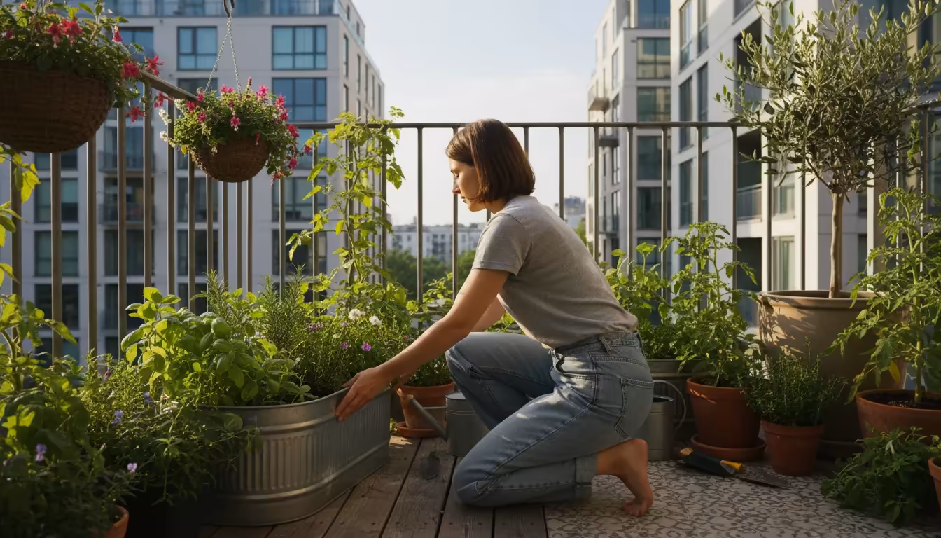 Person on a balcony gently moves a rectangular herb planter into shade, surrounded by healthy, vibrant container plants.
