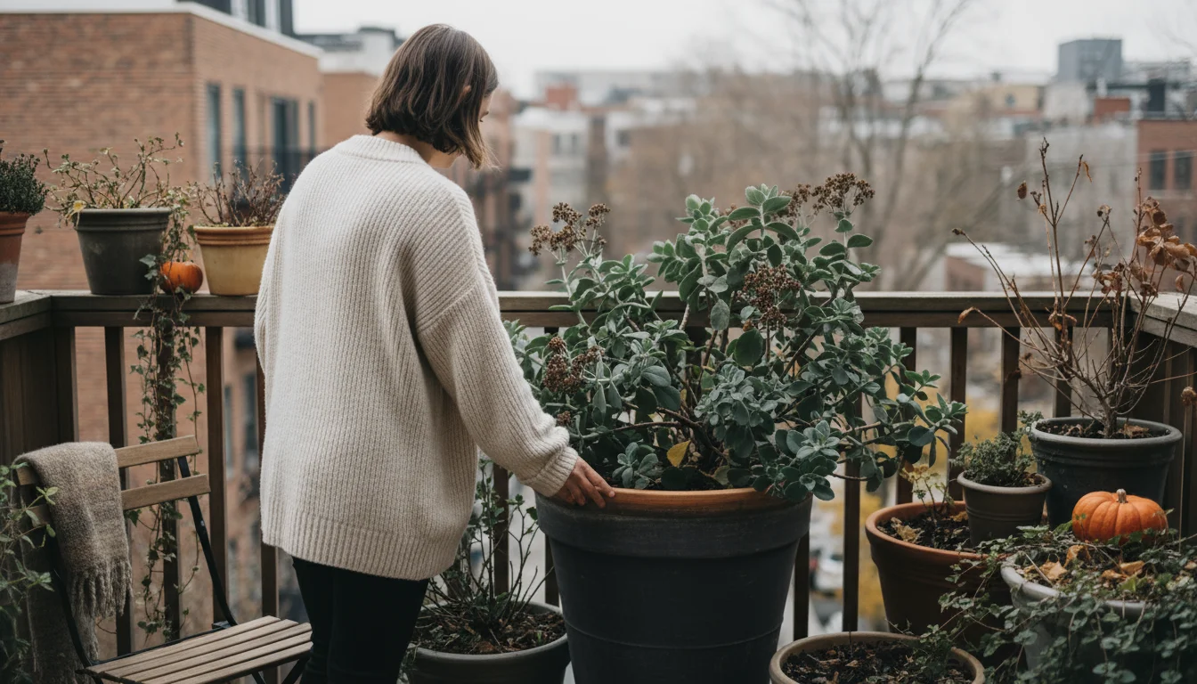 Person on a balcony observing a container plant, surrounded by other potted plants in autumn, considering winter.
