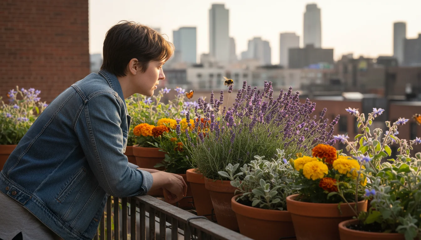 Person on a balcony observing diverse flowering container plants with a bumblebee hovering, bathed in warm afternoon light.